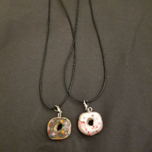 Two Hand Crafted Polymer Clay Charm Frosted Donut Pendant Necklaces